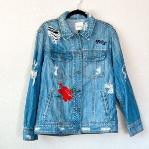 Hidden Jeans Embroidered Distressed Denim Jean Jacket, Size Small